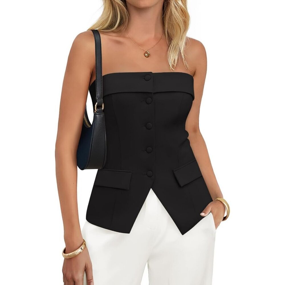 Women's Black Summer Going Out Sleeveless Button Down Dressy Tube Vest Tops